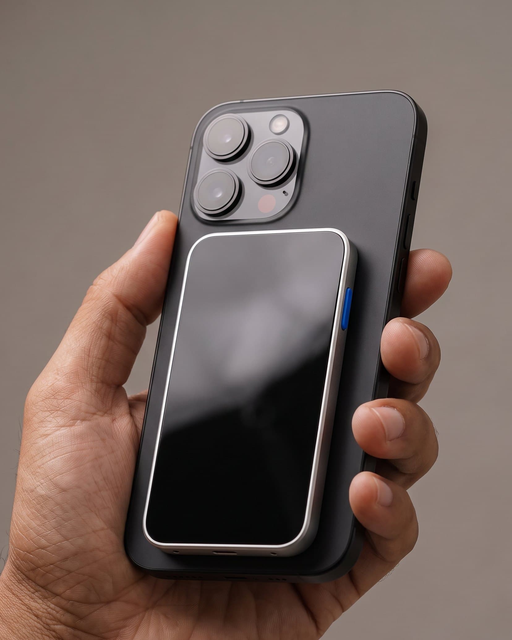 A hand holding a phone with the Rhyme Notetaker attached to its back, its blue button on the right edge